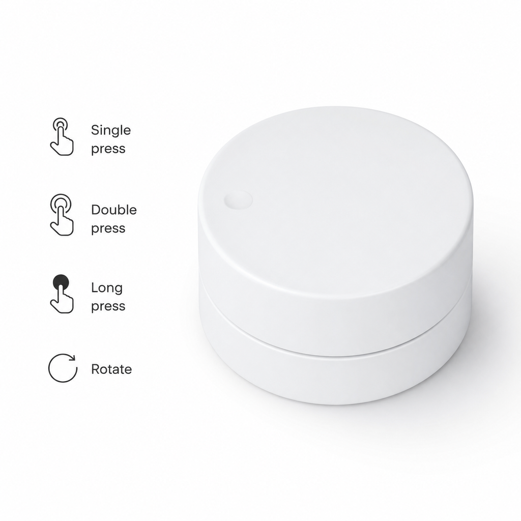 Studio packshot of white Zigbee rotary scene button with short action labels