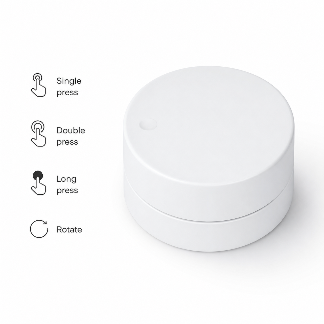Studio packshot of white Zigbee rotary scene button with short action labels