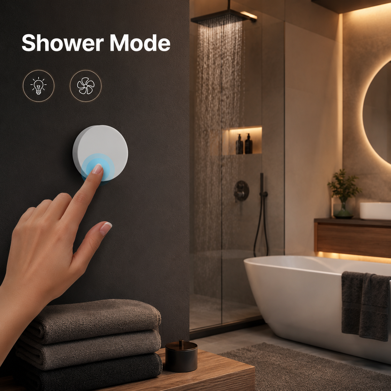 Bathroom shower mode scene with white rotary scene button