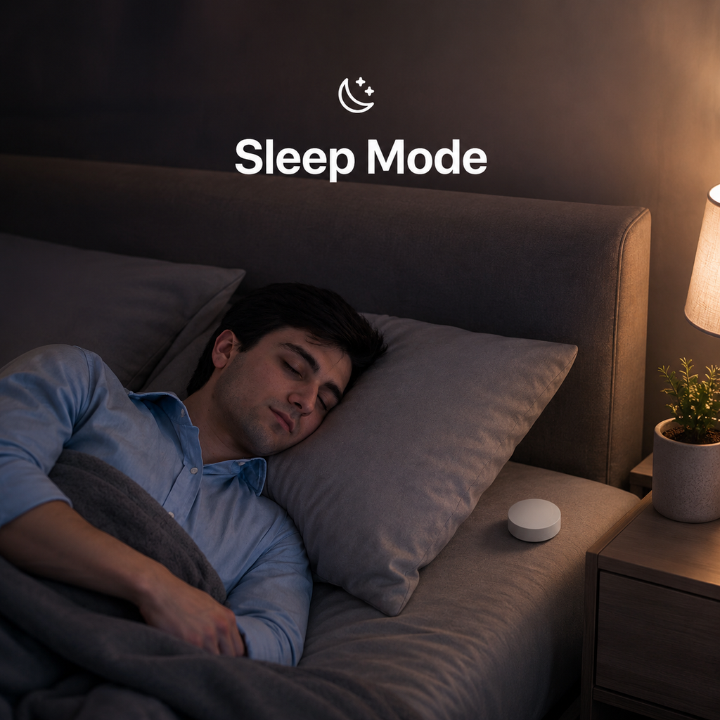 Sleep mode bedroom scene with white Zigbee rotary button