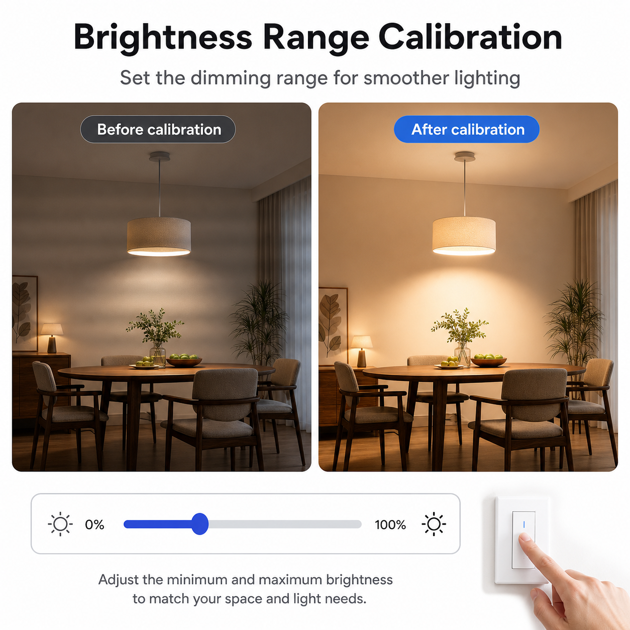 Brightness range calibration before and after for smart dimmer