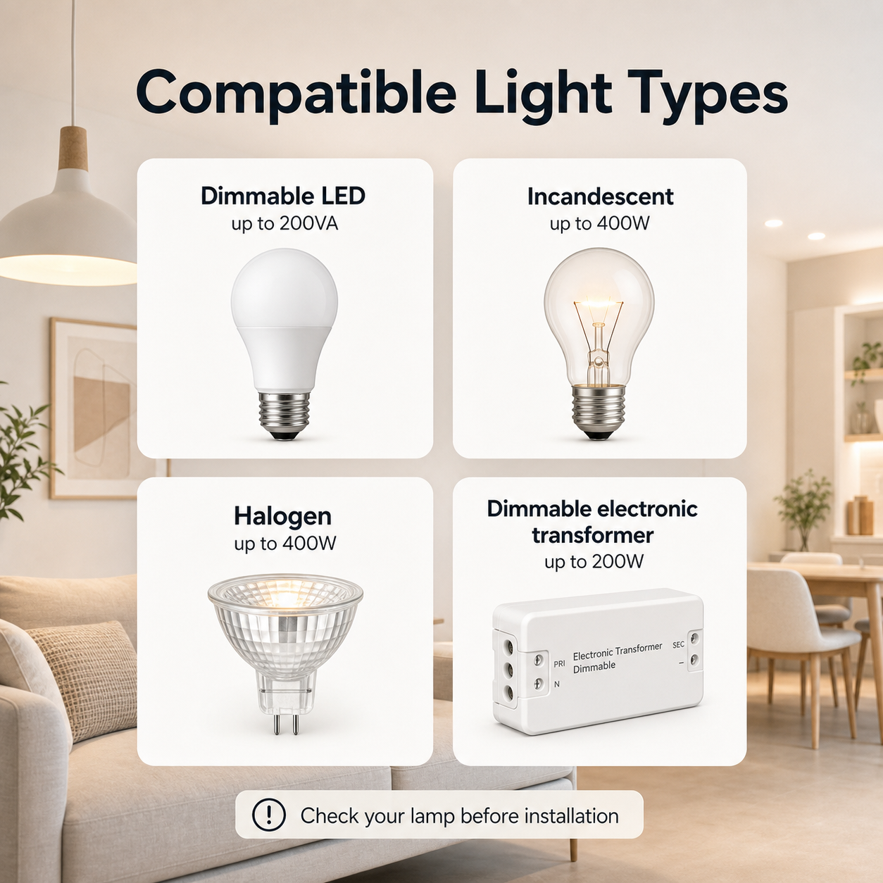 Compatible light types for Wi-Fi Matter dimmer
