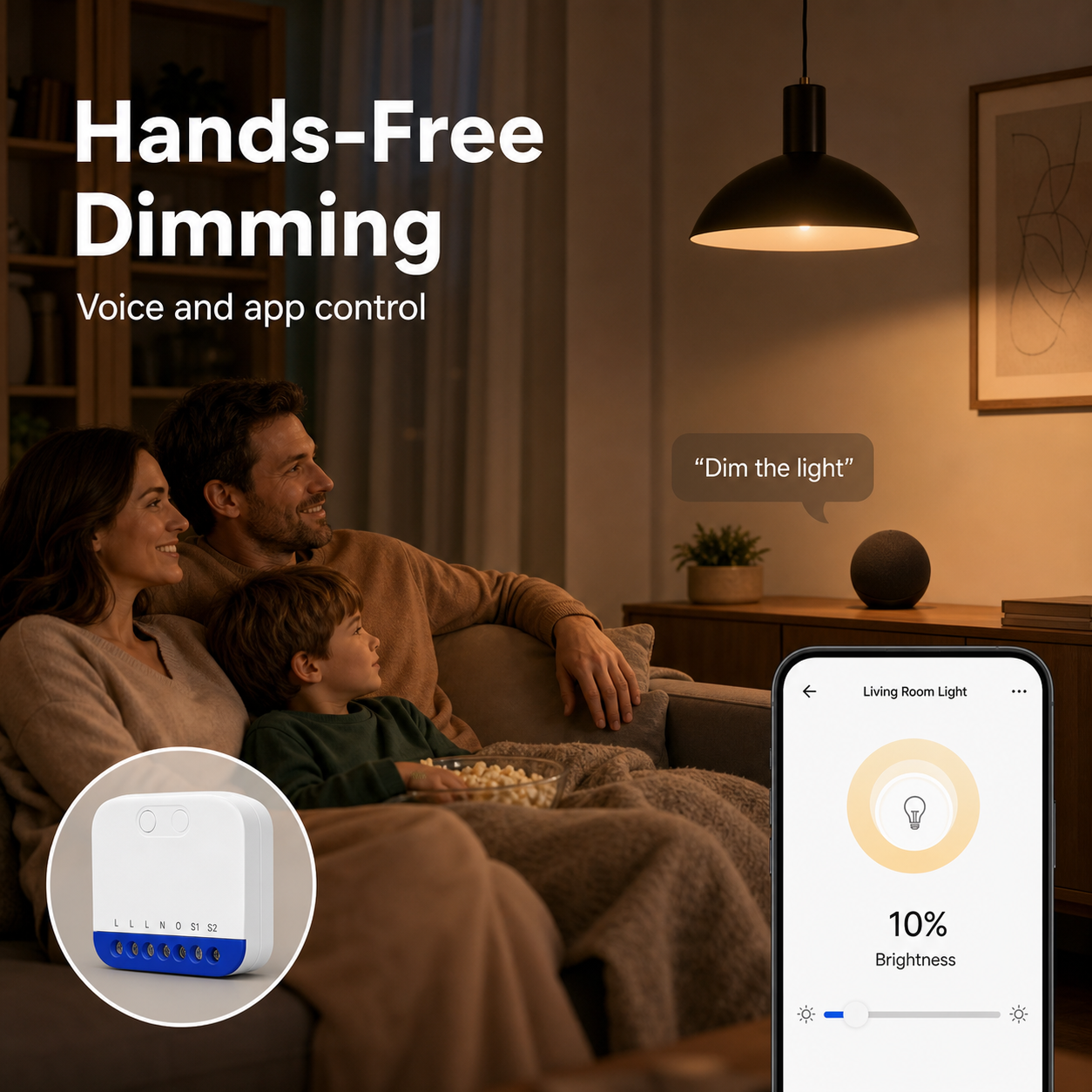 Hands-free dimming lifestyle scene with voice and app control