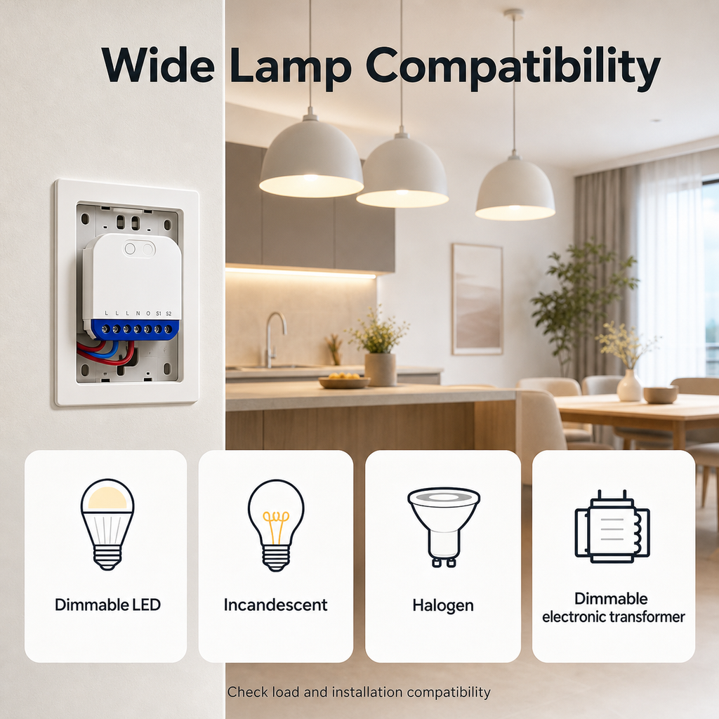 Wide lamp compatibility overview for dimmable LED incandescent halogen and transformer loads