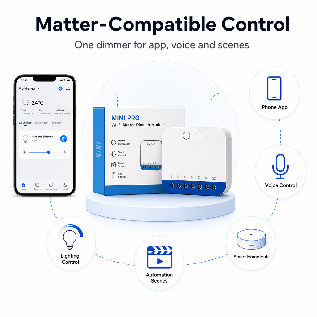 Matter-compatible smart home control overview for Wi-Fi dimmer module