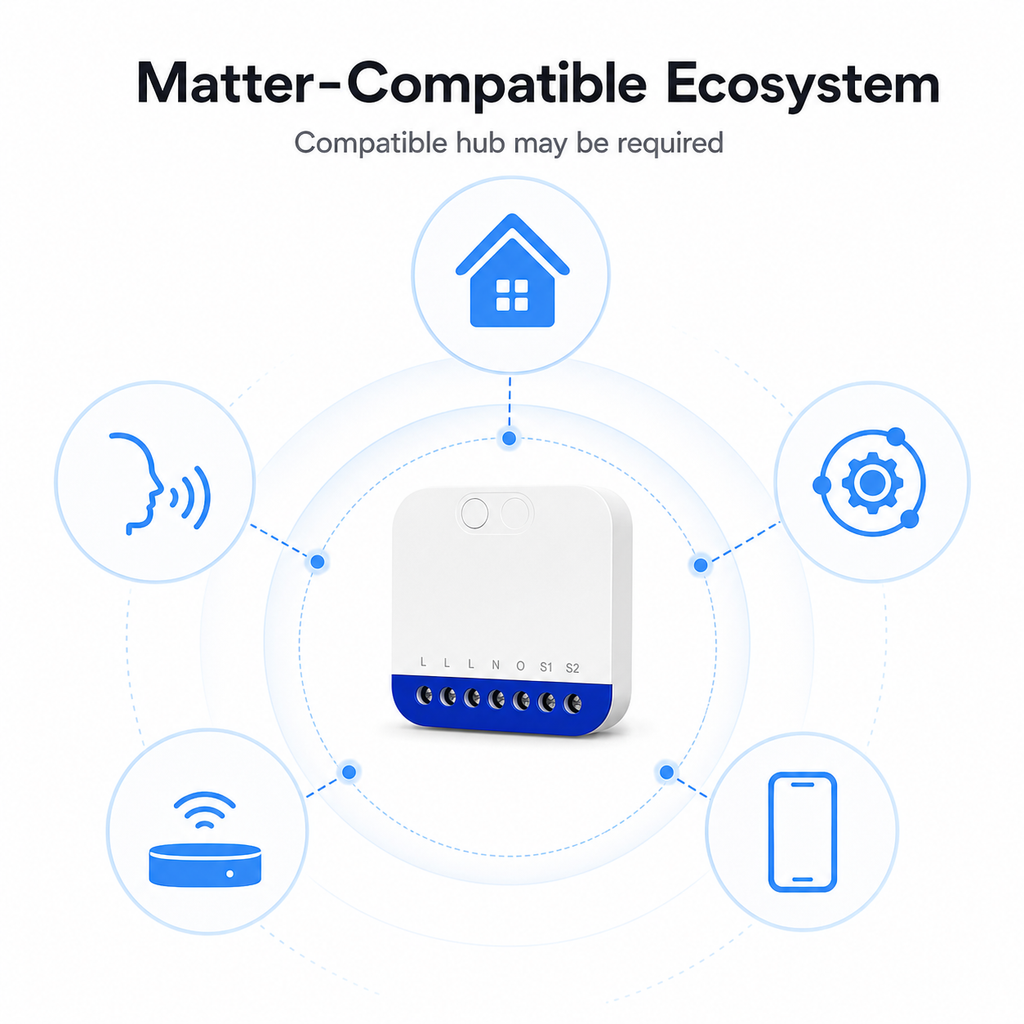 Matter-compatible ecosystem overview with generic smart home icons