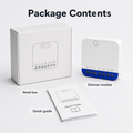 Package contents for NéoDim Mini Pro with dimmer module quick guide and retail box