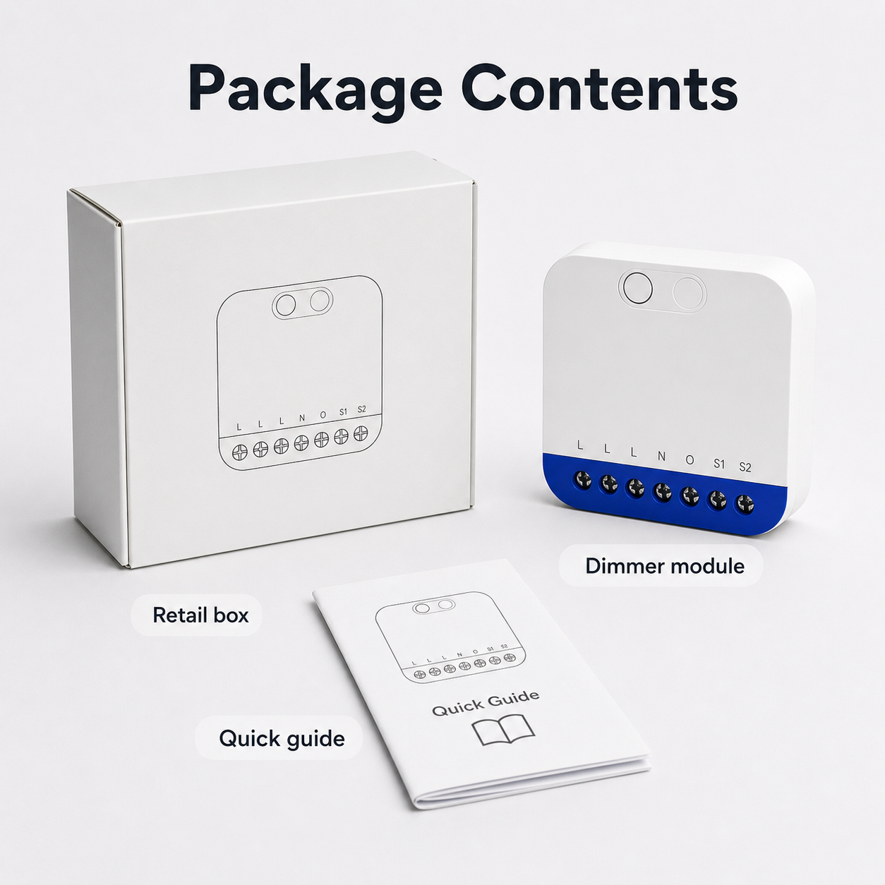 Package contents for NéoDim Mini Pro with dimmer module quick guide and retail box