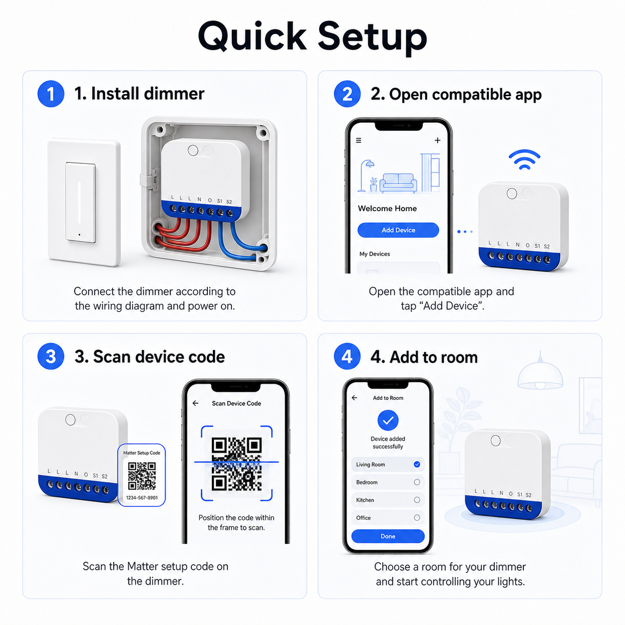 Quick setup steps for NéoDim Mini Pro Wi-Fi Matter dimmer