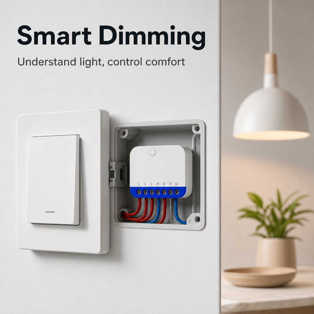 Smart dimming hero image with dimmer installed behind wall switch