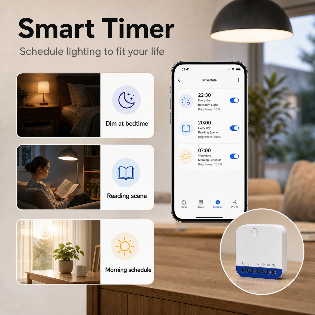 Smart timer scenes for scheduled lighting control