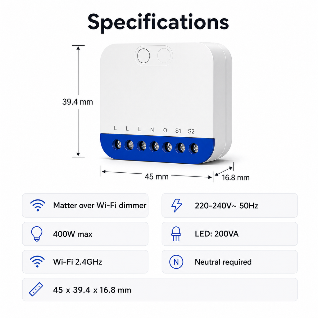 Specifications and dimensions for NéoDim Mini Pro Wi-Fi Matter dimmer