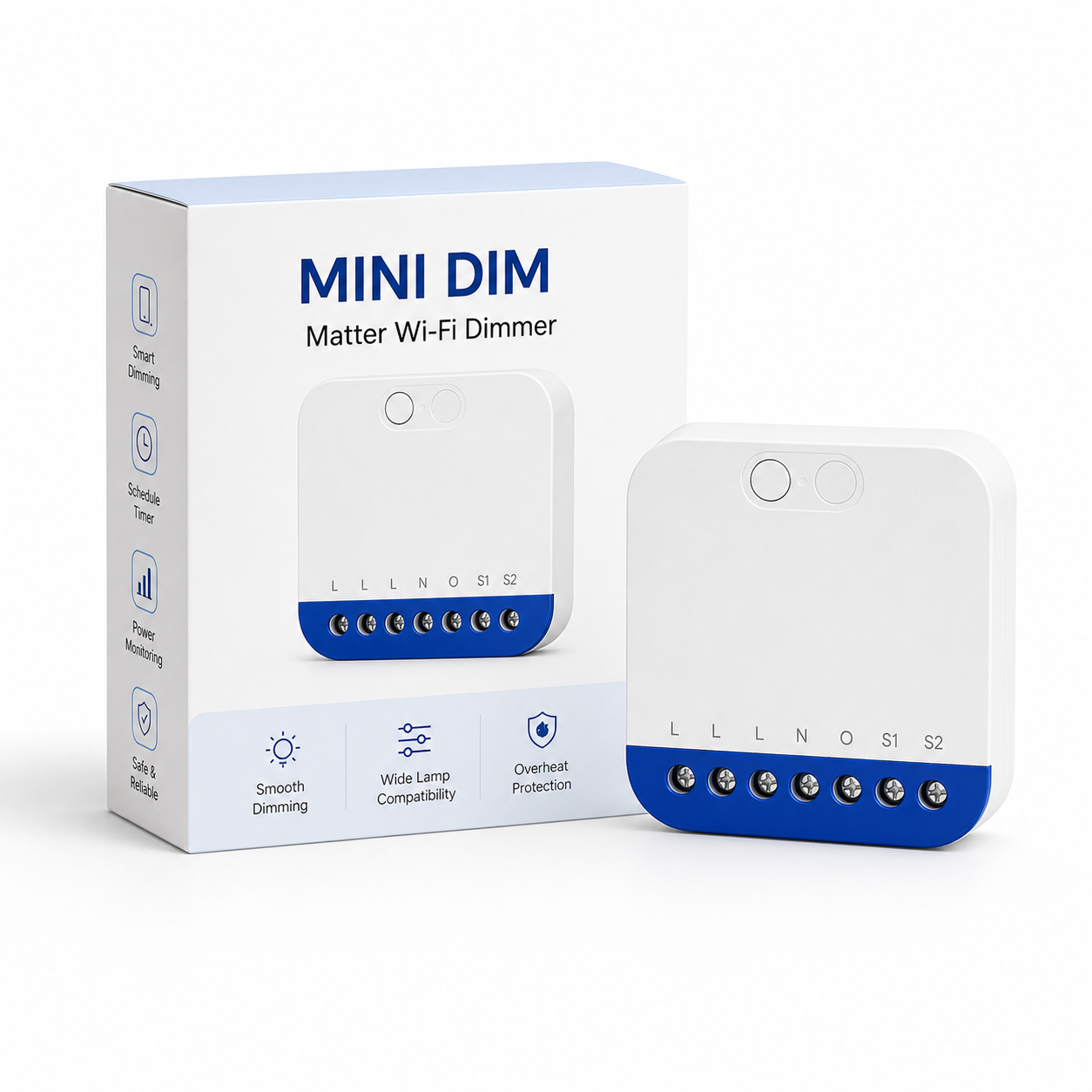 Studio packshot of NéoDim Mini Pro Wi-Fi Matter dimmer with retail box