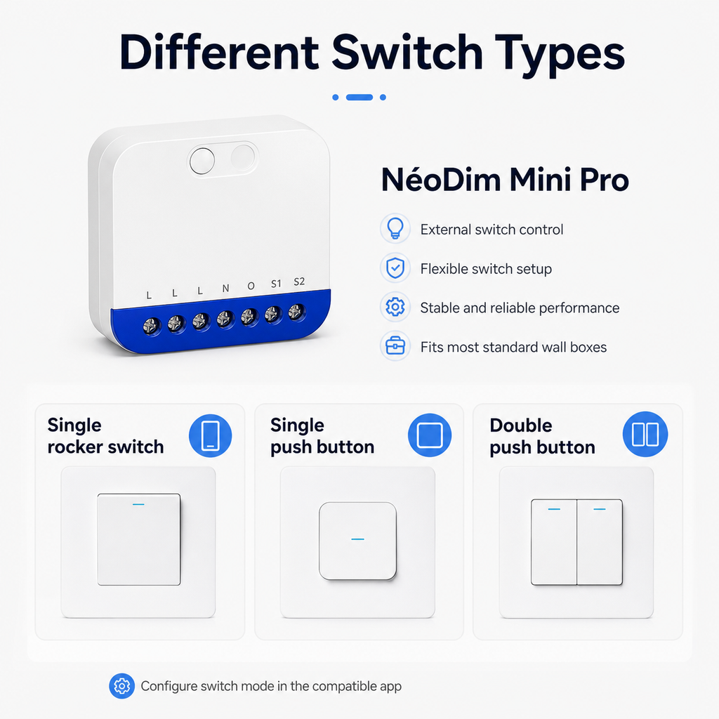 External wall switch type compatibility for compact Wi-Fi dimmer module