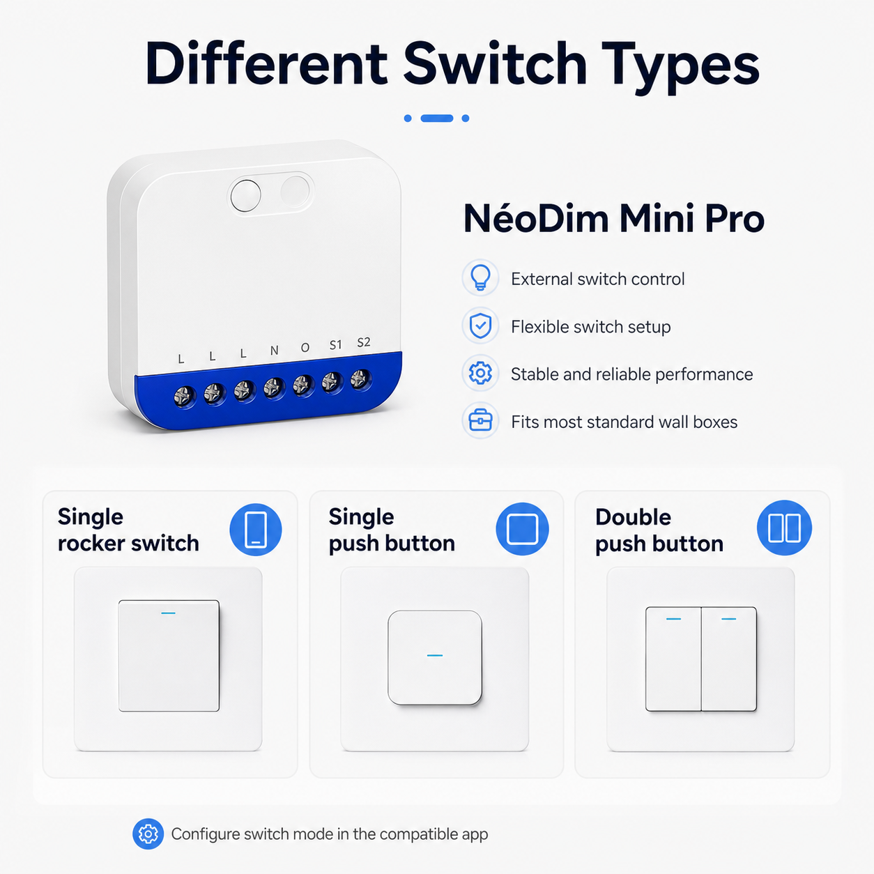 External wall switch type compatibility for compact Wi-Fi dimmer module