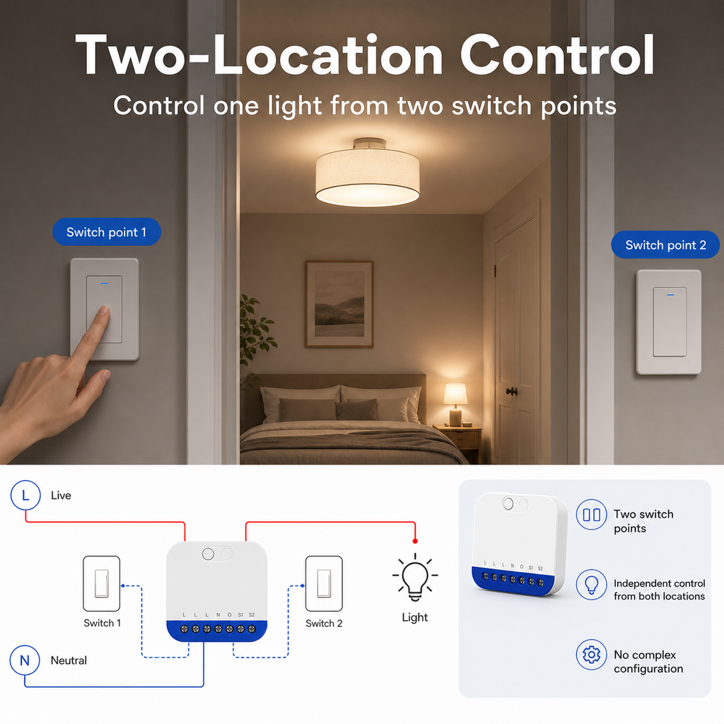 Two-location control diagram for one light with smart dimmer