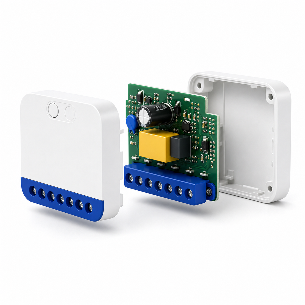Variateur Wi-Fi Matter NéoDim Mini Pro ouvert avec carte électronique sur fond blanc