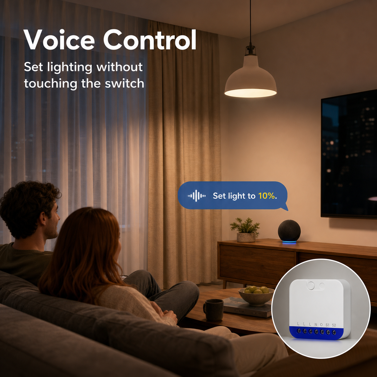 Voice control scene for Wi-Fi Matter dimmer with warm living room lighting