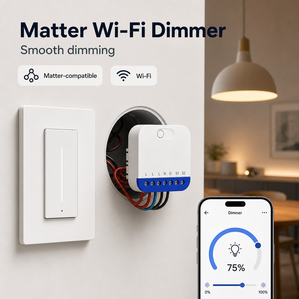 Installed Wi-Fi Matter dimmer module behind wall switch with app dimming control