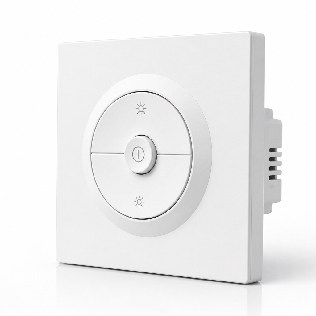 Angled studio view of white wall dimmer showing side depth and circular control
