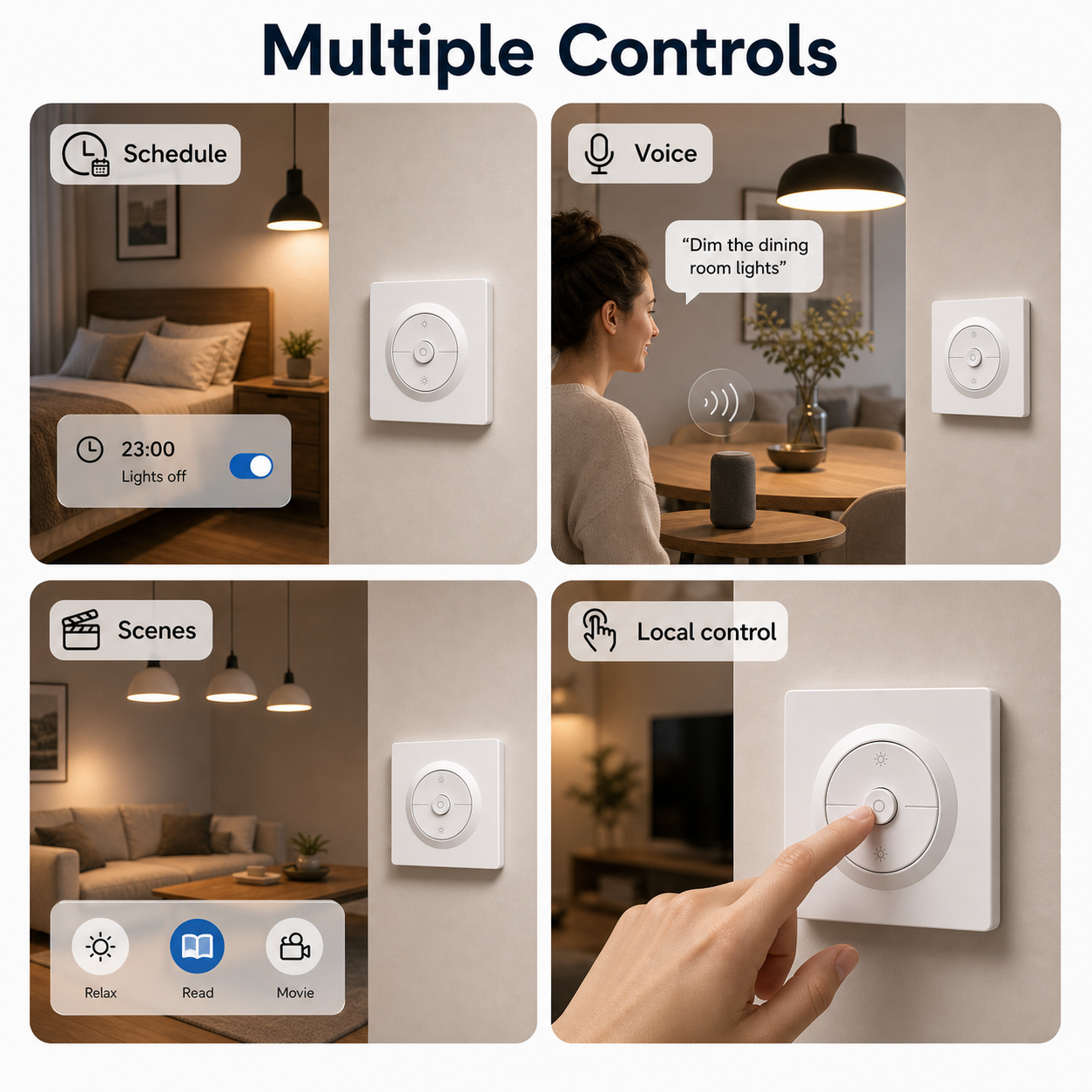 Multiple control options for smart wall dimmer including schedule voice scenes and local control