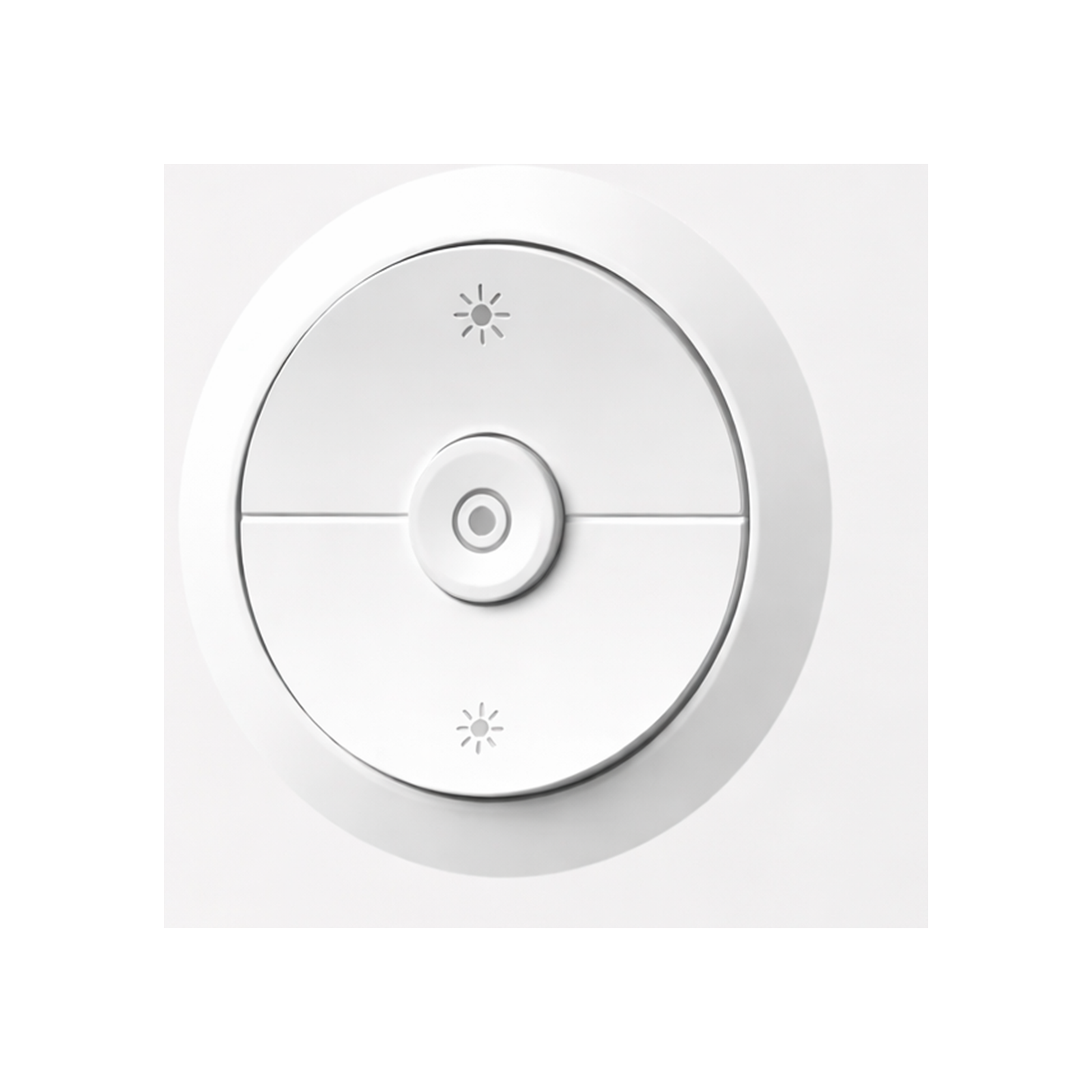 Détail du bouton central du variateur connecté Matter NéoDim Orb-Matter Pro blanc sur fond studio blanc.