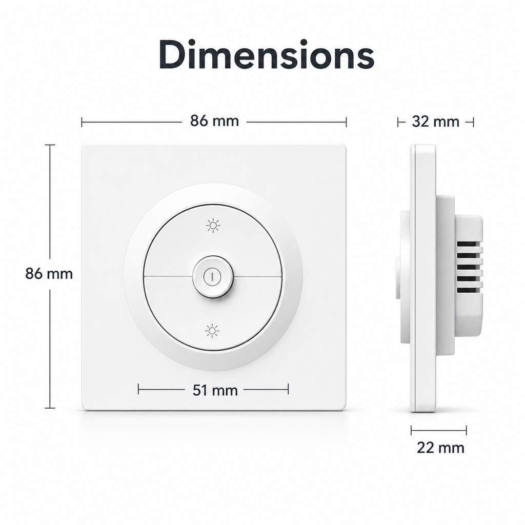 Dimensions diagram of white smart dimmer with 86 mm square faceplate and circular dial
