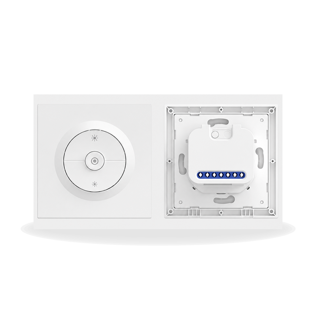 Variateur connecté Matter NéoDim Orb-Matter Pro blanc avec vue avant et arrière du bornier sur fond studio blanc.