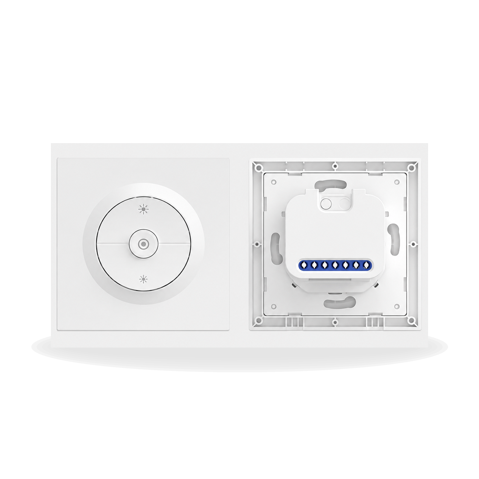 Variateur connecté Matter NéoDim Orb-Matter Pro blanc avec vue avant et arrière du bornier sur fond studio blanc.