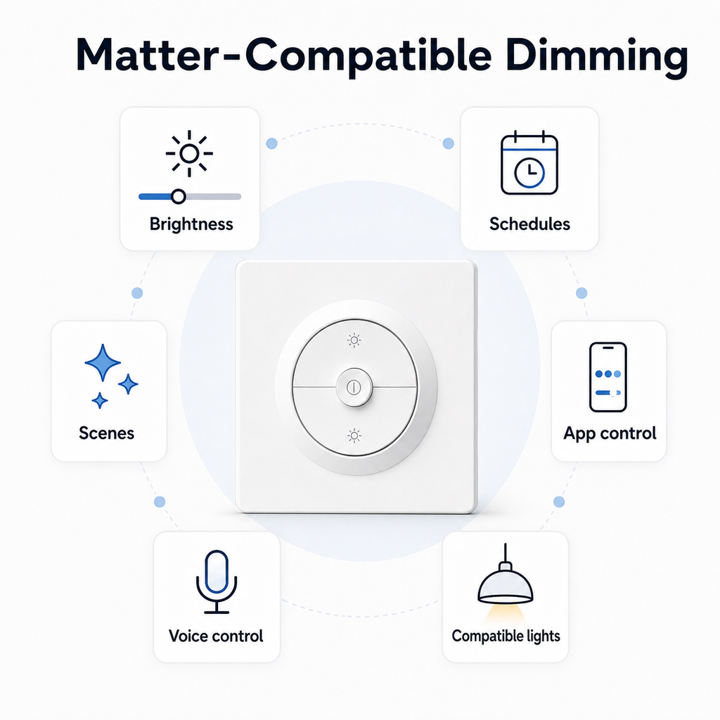 Matter-compatible dimming overview with generic brightness schedule scene app and voice control features