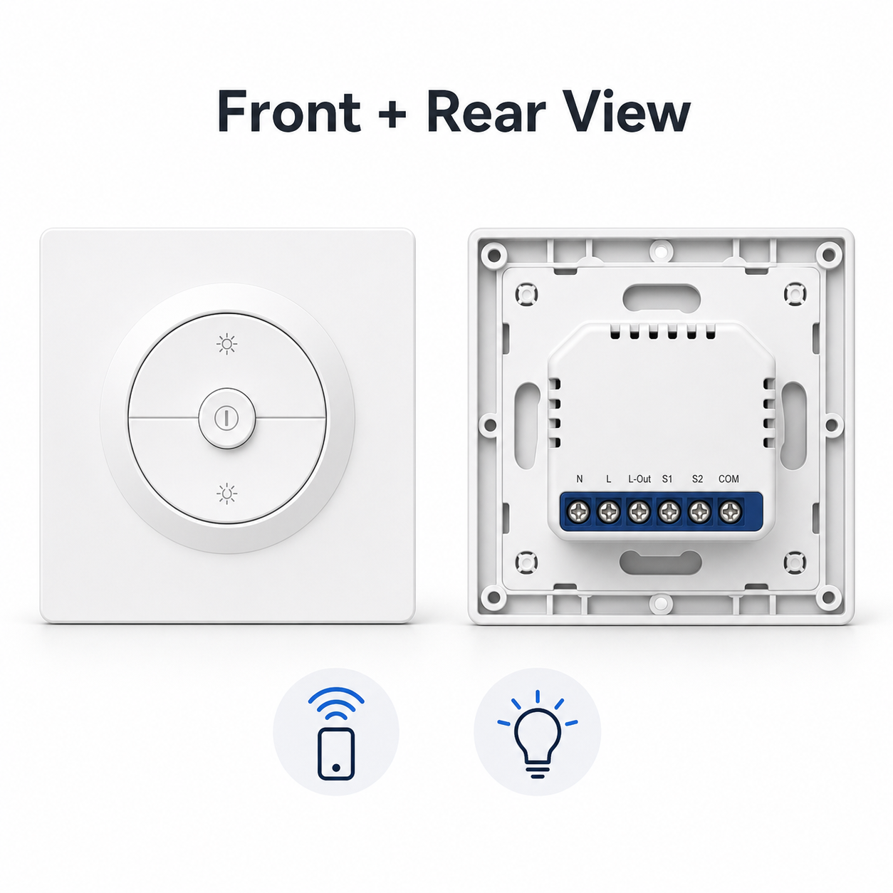 Front and rear view of white smart dimmer with terminal backplate