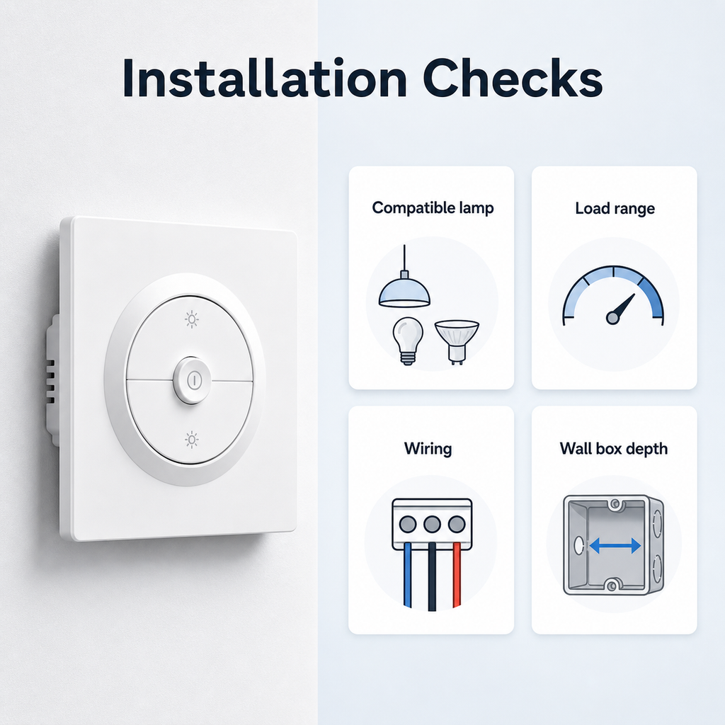 Installation checks for smart wall dimmer with compatible lamp load wiring and wall box depth