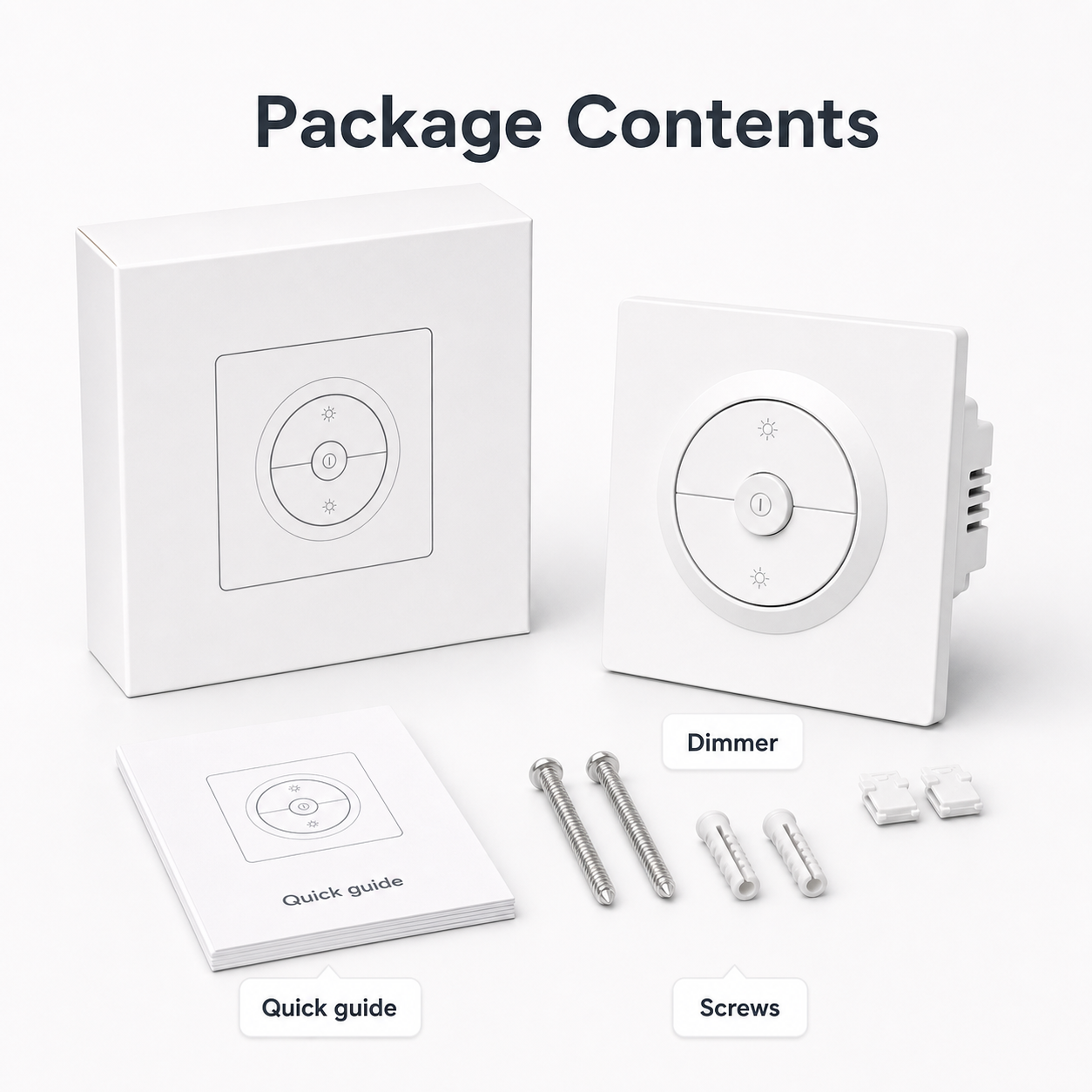 Package contents with white smart dimmer neutral box quick guide and screws