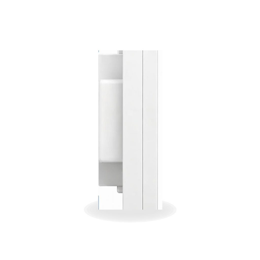 Profil latéral du variateur connecté Matter NéoDim Orb-Matter Pro blanc montrant l'épaisseur du module sur fond studio blanc.
