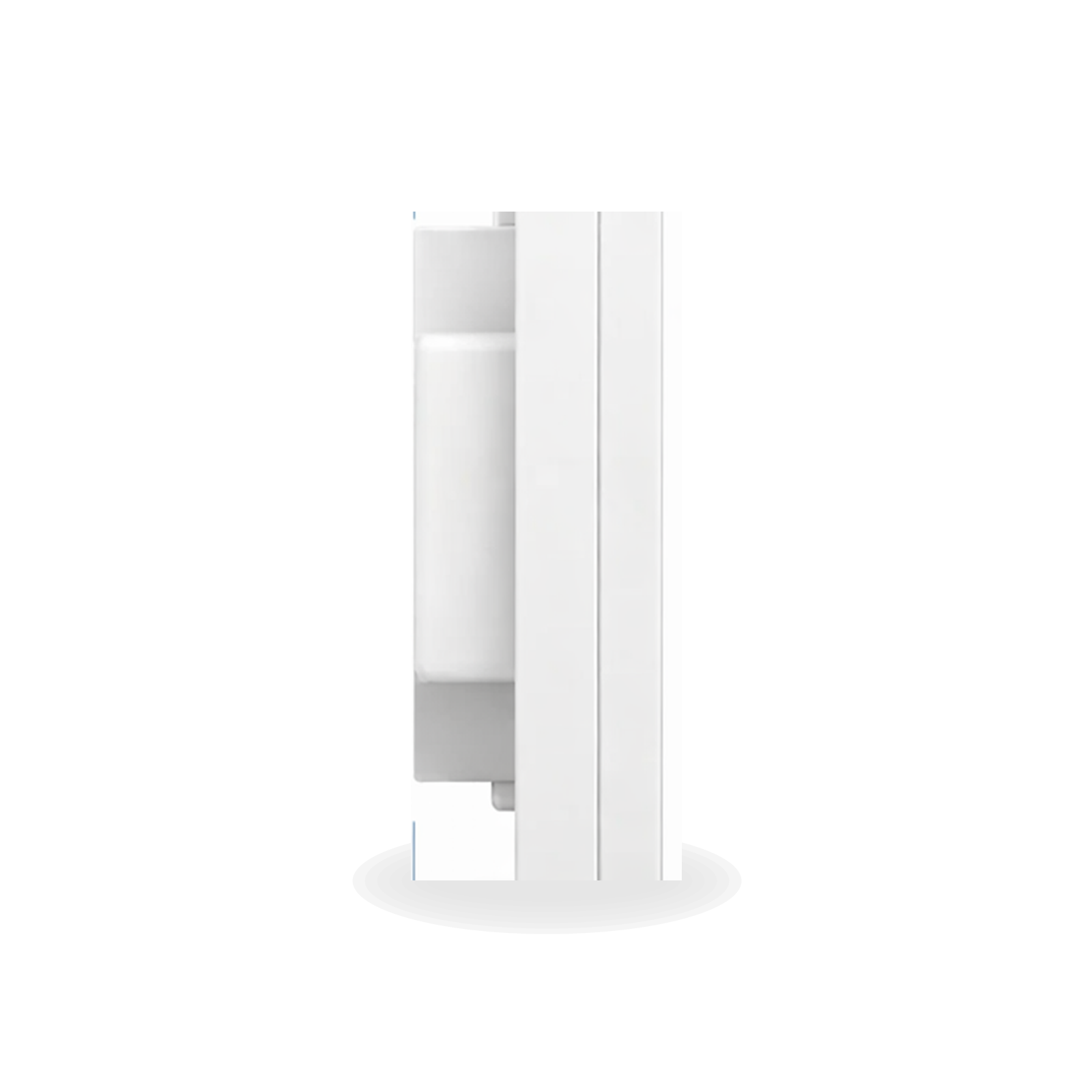 Profil latéral du variateur connecté Matter NéoDim Orb-Matter Pro blanc montrant l'épaisseur du module sur fond studio blanc.