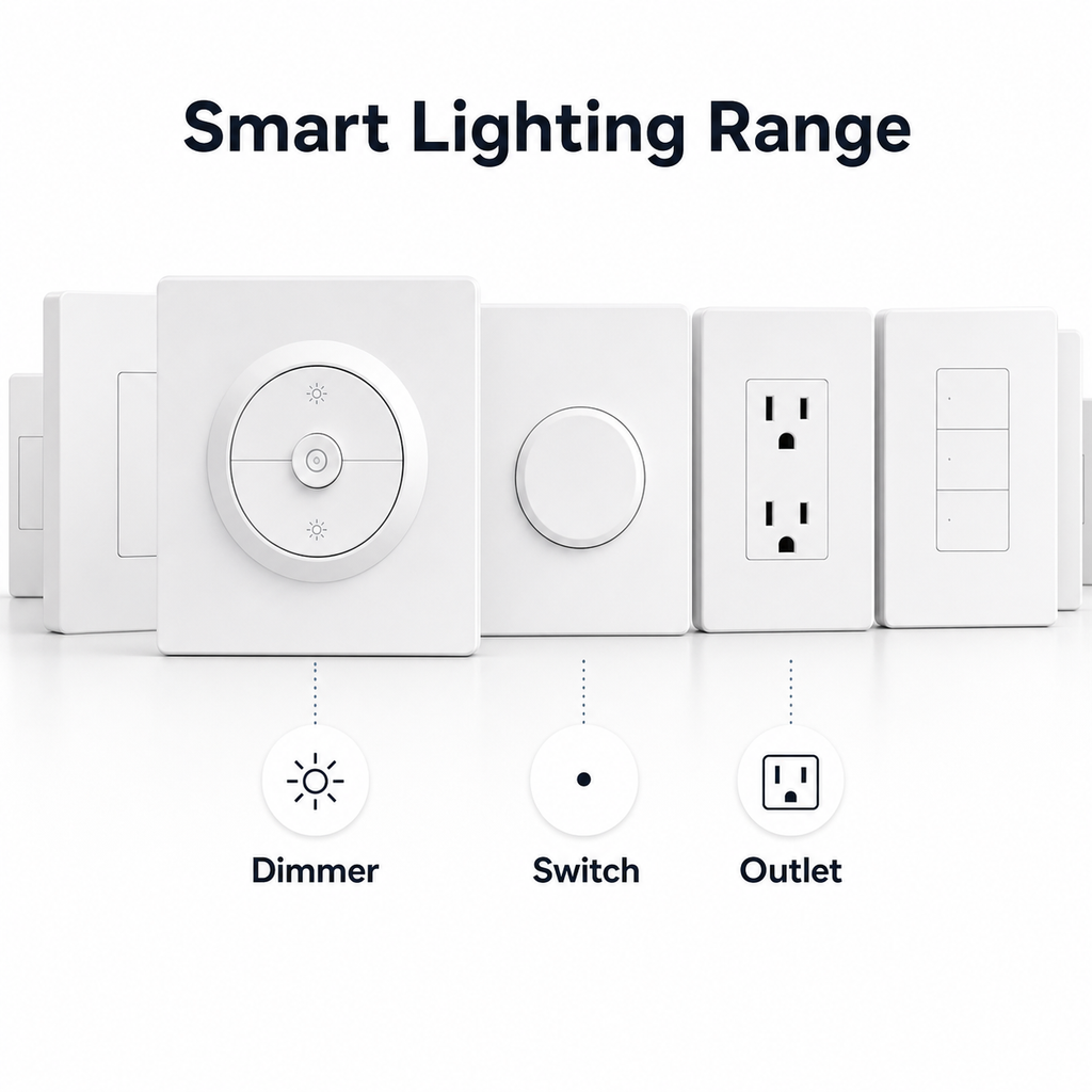 Smart lighting range with dimmer switch and outlet modules