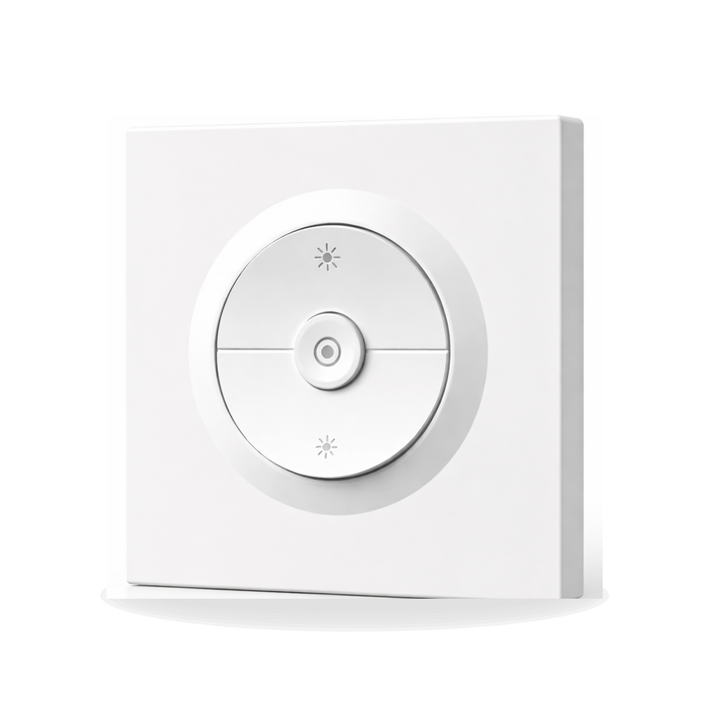 Variateur connecté Matter NéoDim Orb-Matter Pro blanc en vue angle avec profondeur du boîtier visible sur fond studio blanc.