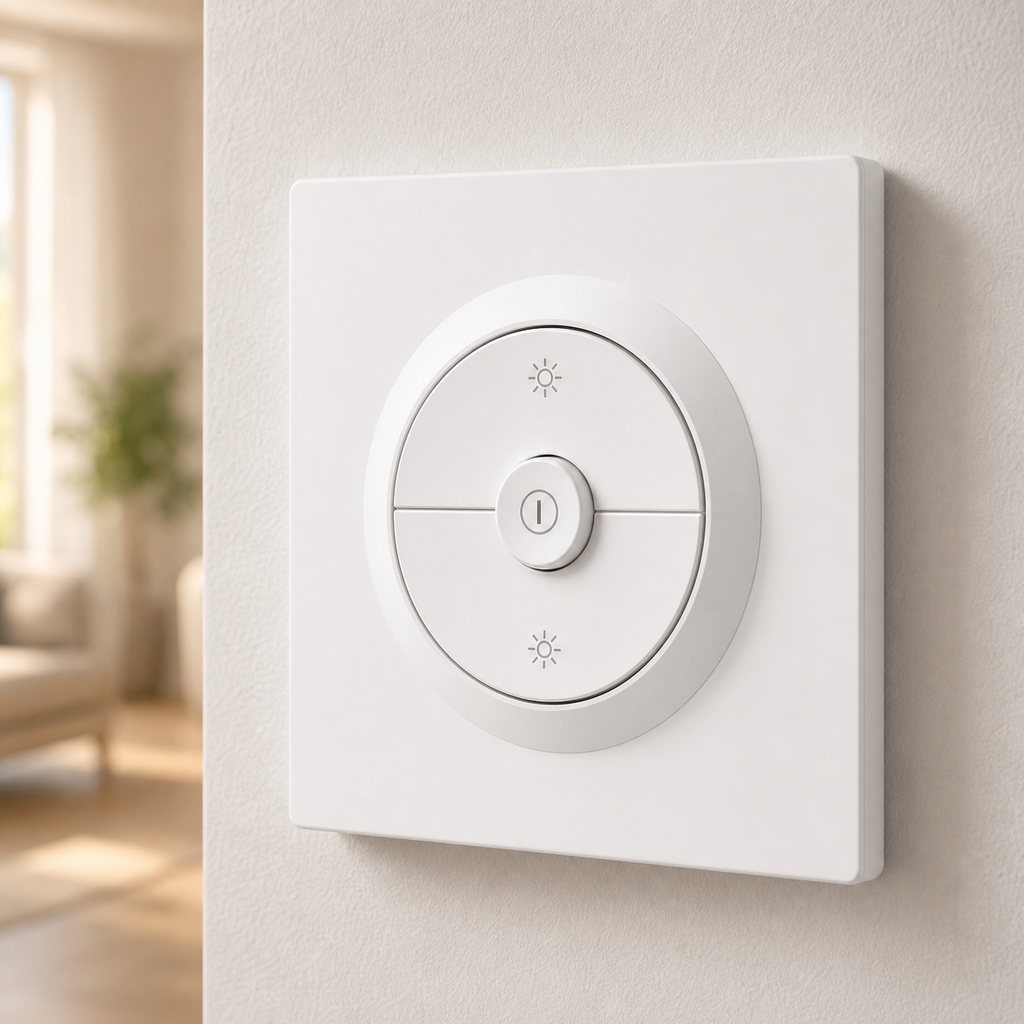 Wall detail of white smart dimmer with circular brightness control