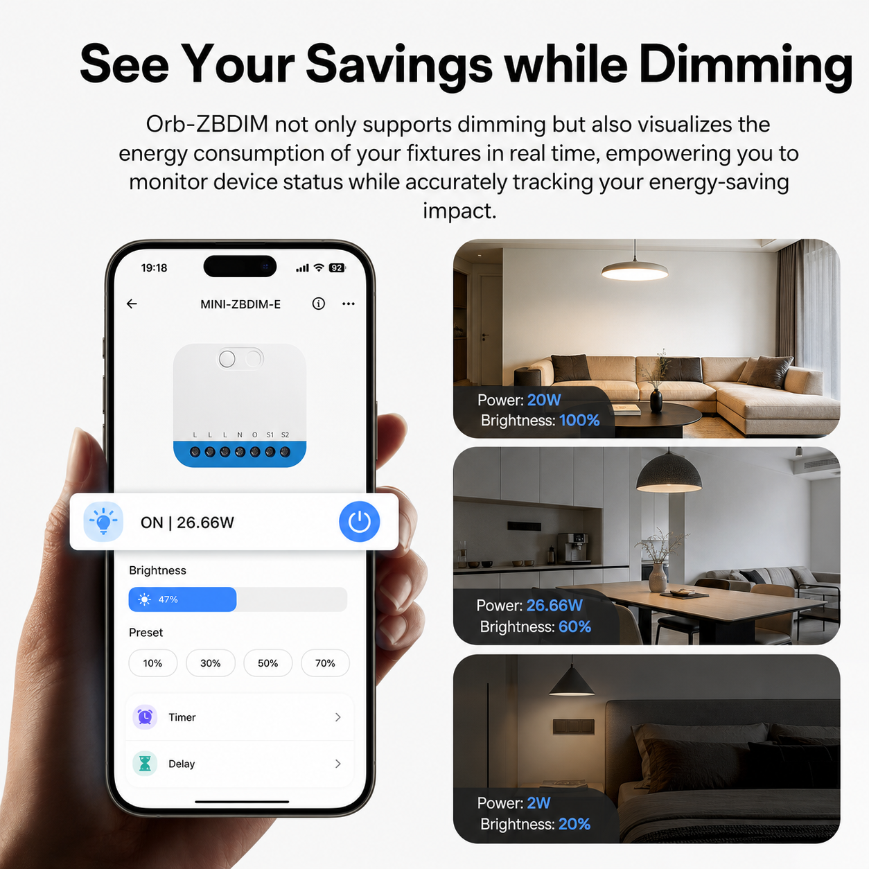 NéoDim Orb Zigbee Pro power and brightness monitoring