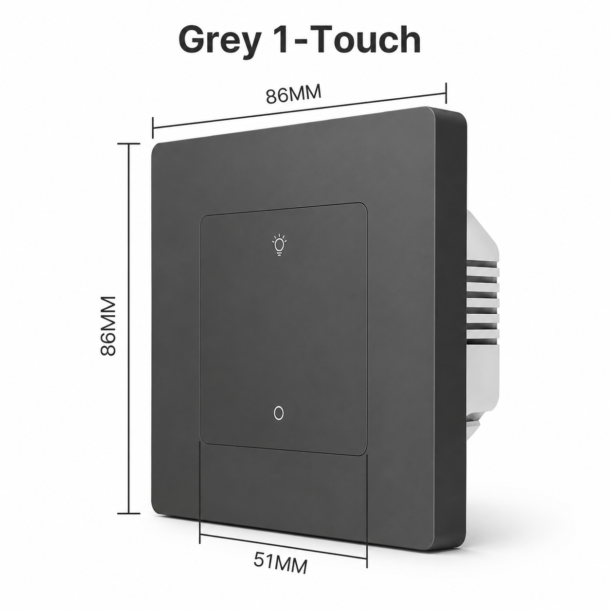 Grey one touch Zigbee wall dimmer switch variant with dimensions