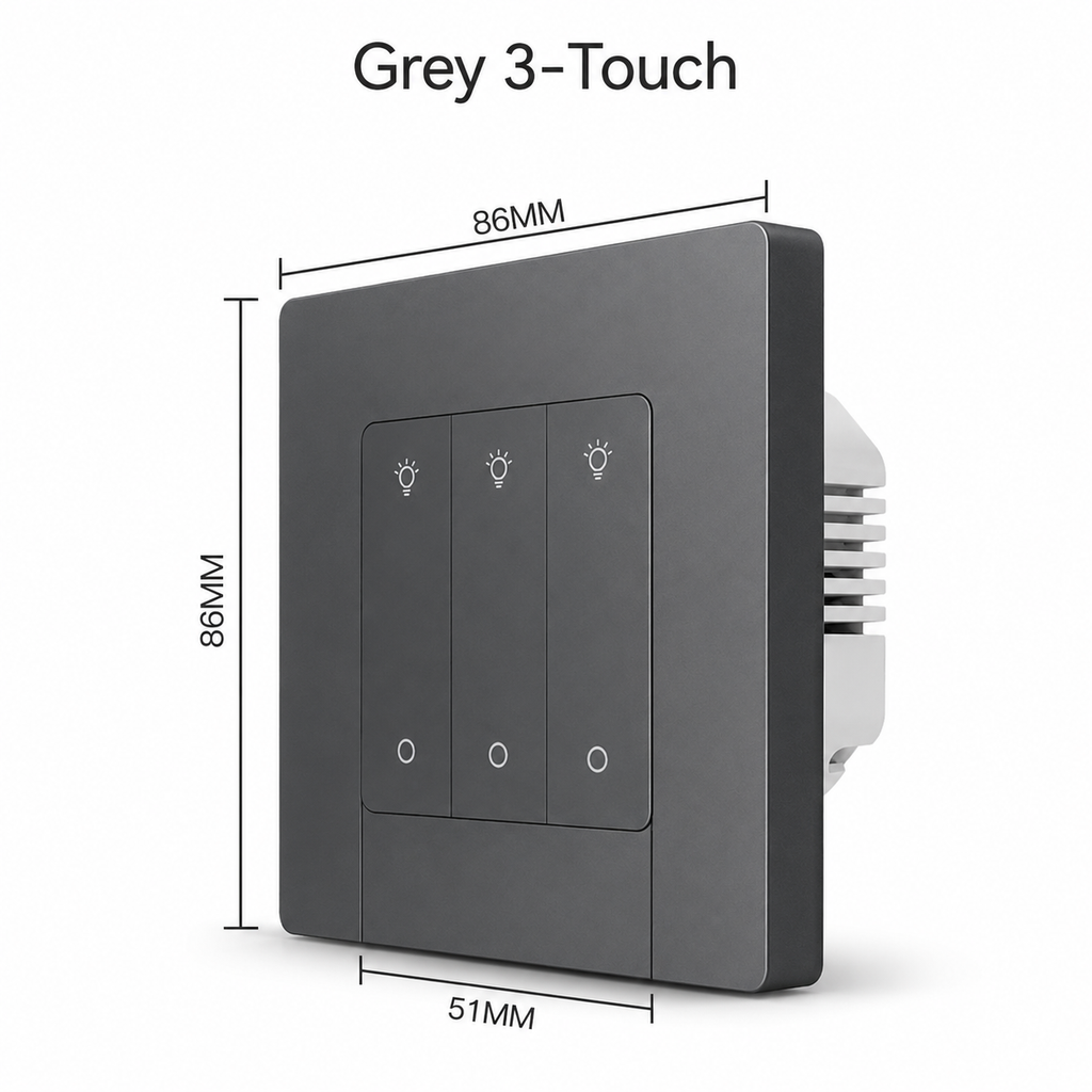 Grey three touch Zigbee wall dimmer switch variant with dimensions