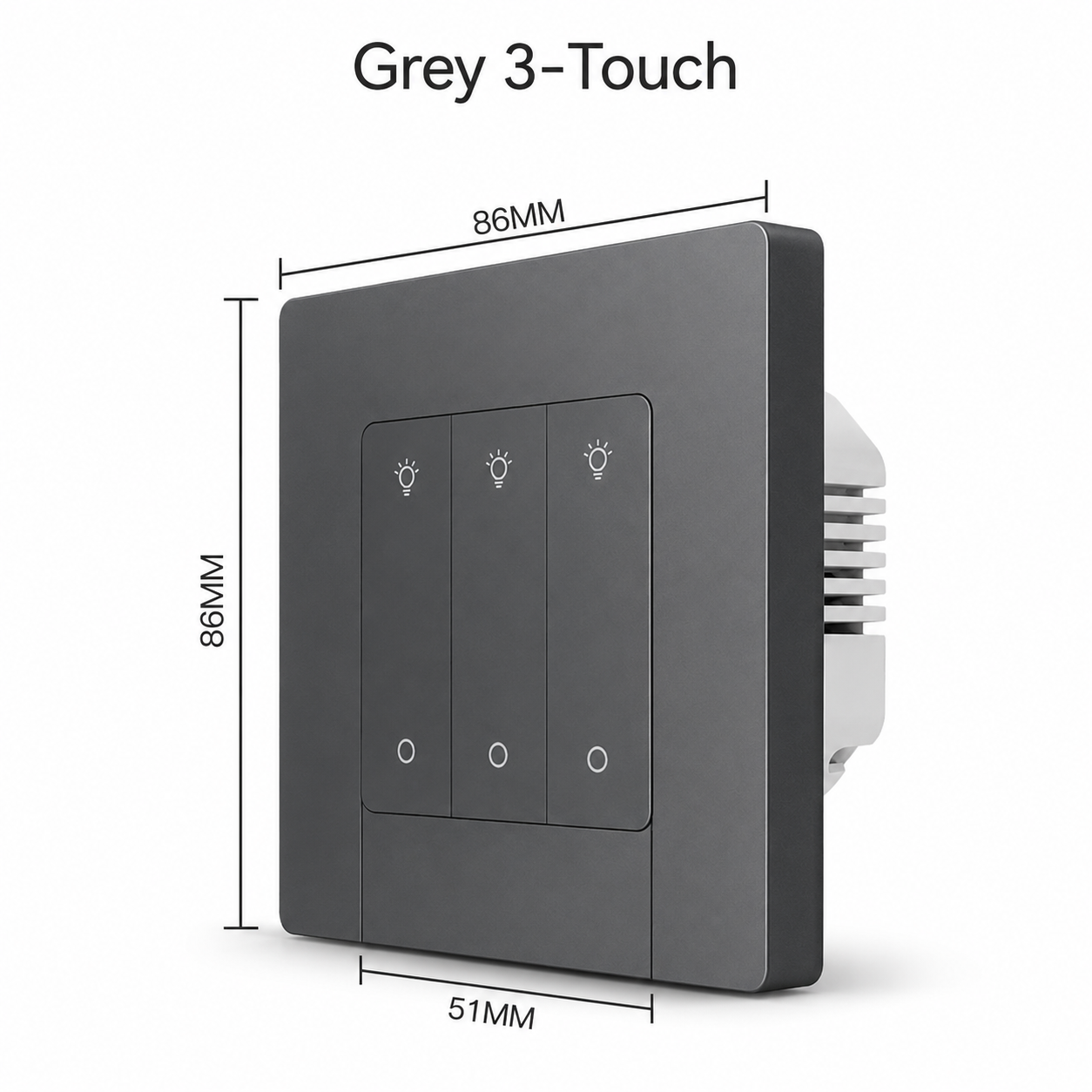 Grey three touch Zigbee wall dimmer switch variant with dimensions