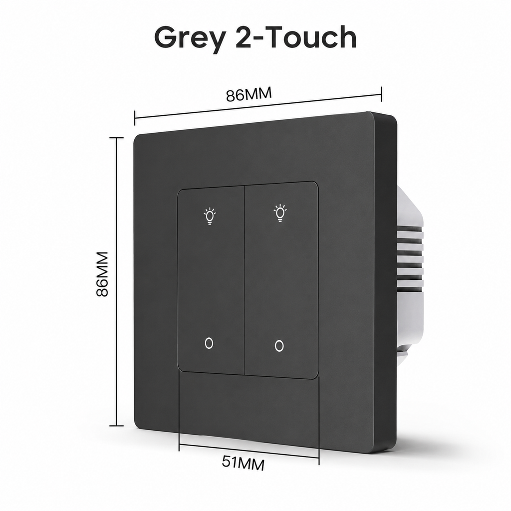 Grey two touch Zigbee wall dimmer switch variant with dimensions