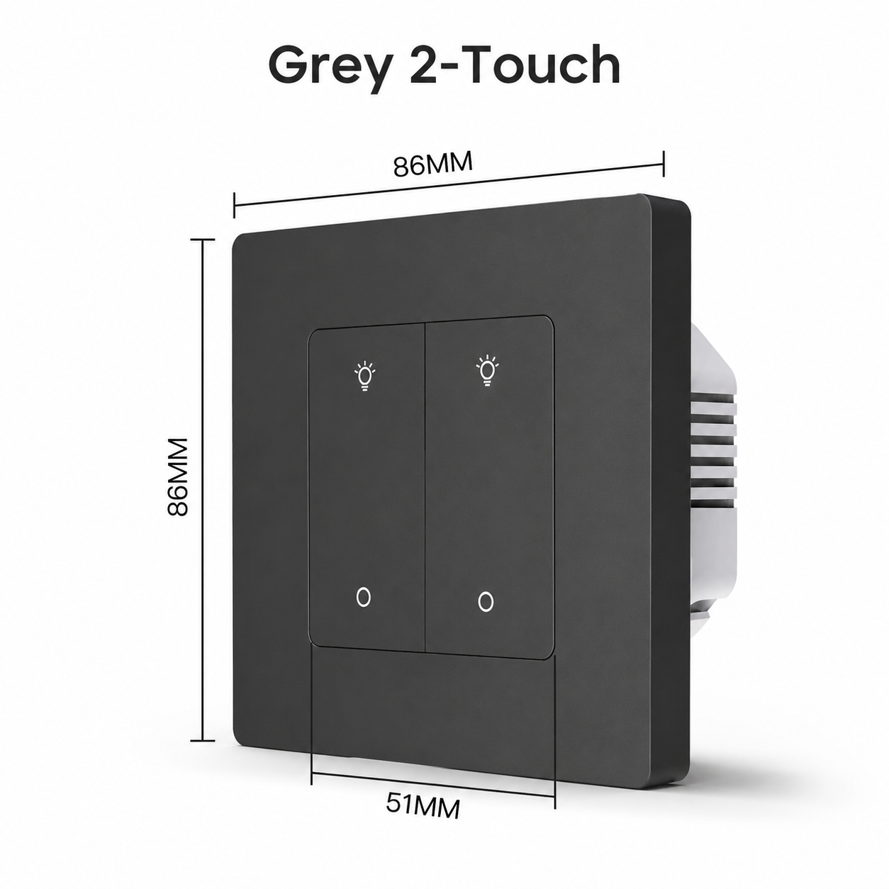 Grey two touch Zigbee wall dimmer switch variant with dimensions