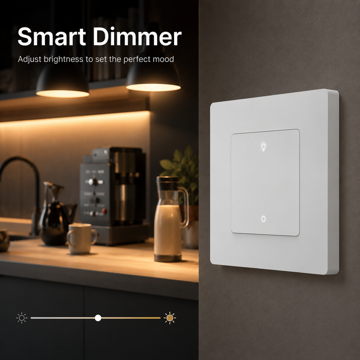 Lifestyle scene with Zigbee dimmer switch controlling kitchen lighting