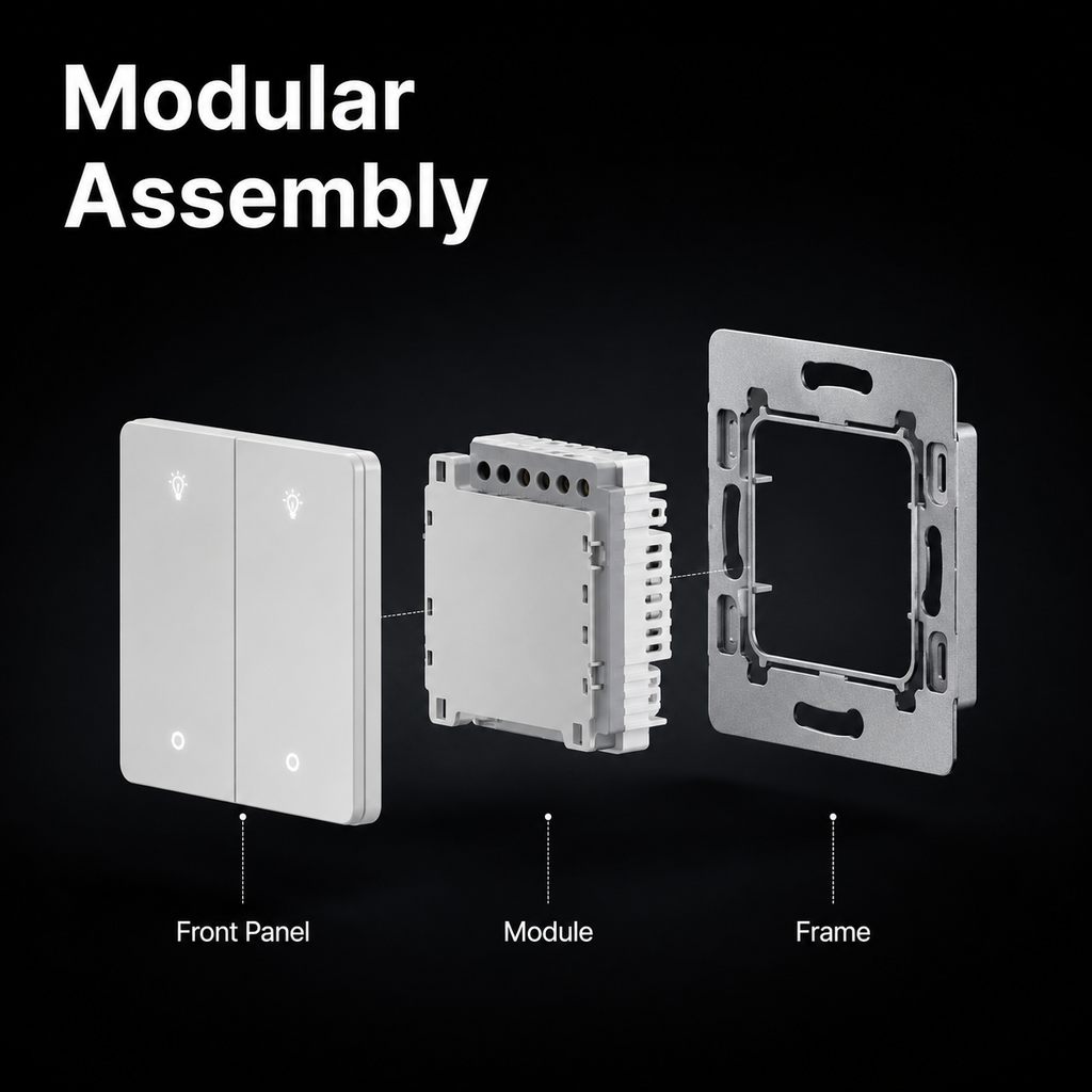 Modular assembly visual for wall dimmer switch parts
