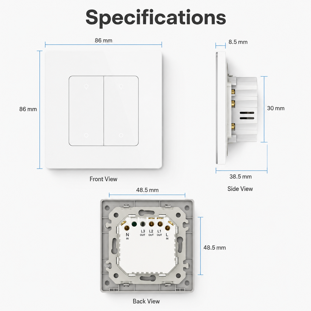 Technical specifications diagram for Zigbee wall dimmer switch