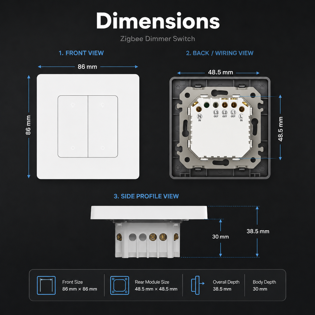 Technical dimensions and wiring back view for Zigbee dimmer switch