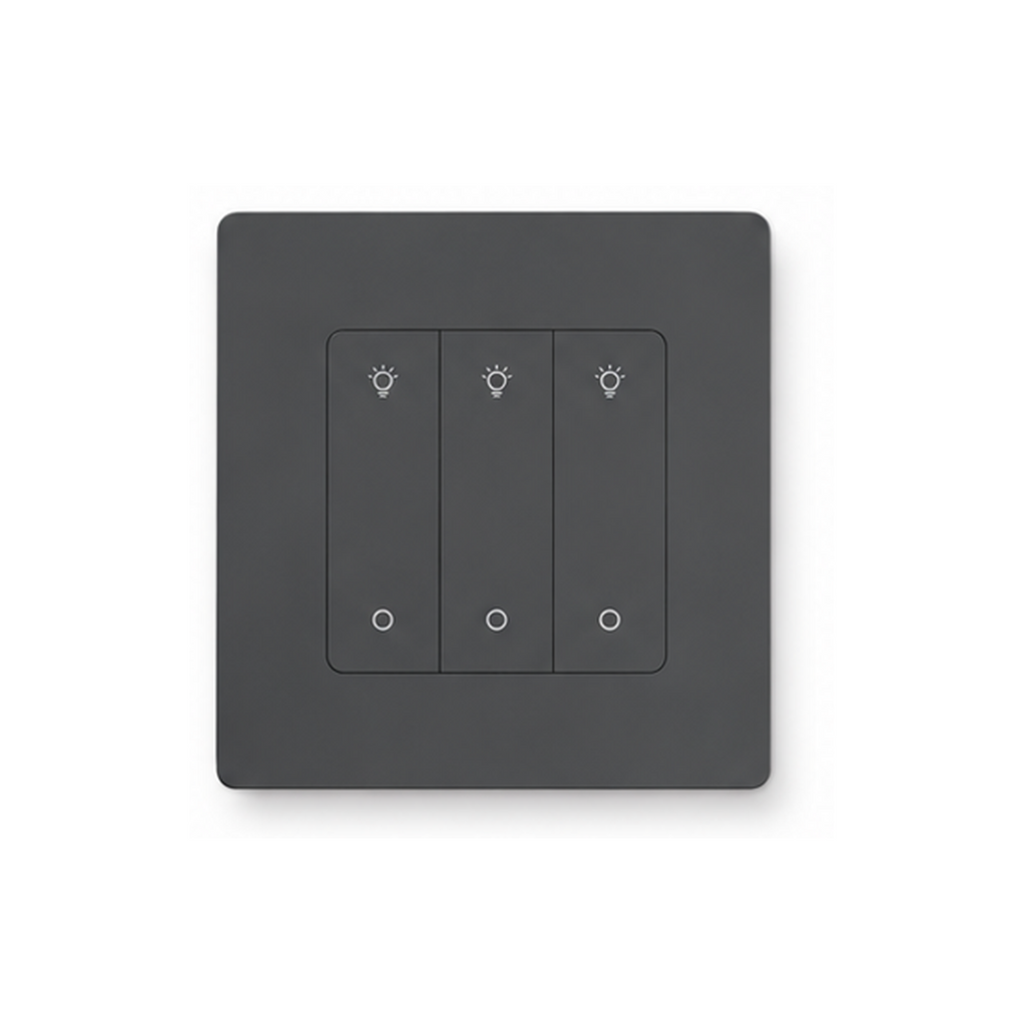 Variateur mural NéoDim Ring Comfort gris à 3 touches sur fond blanc