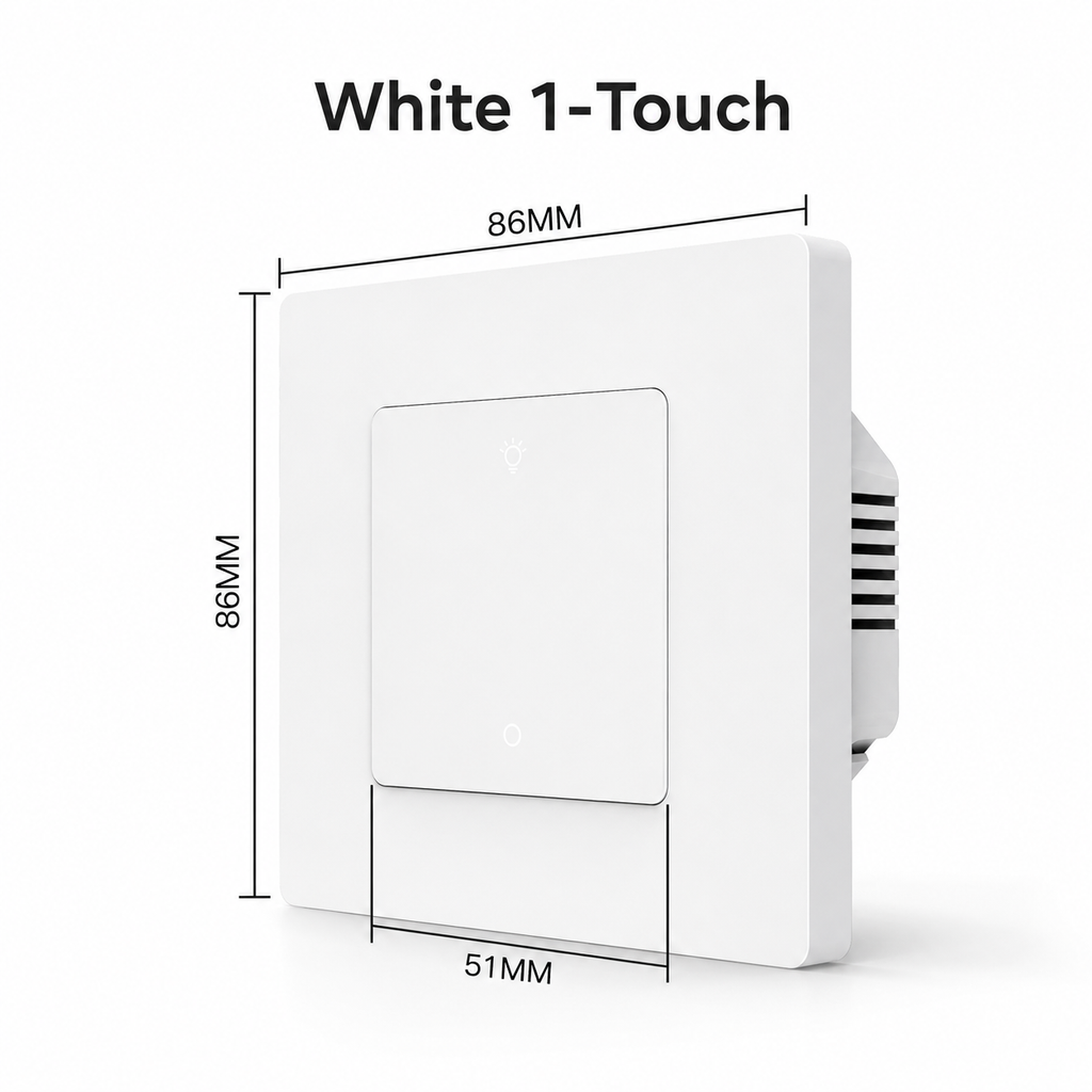 White one touch Zigbee wall dimmer switch variant with dimensions